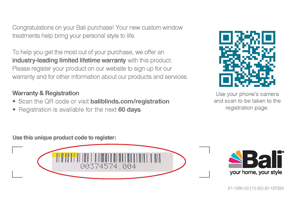 Bali Warranty Registration Card with Product Code